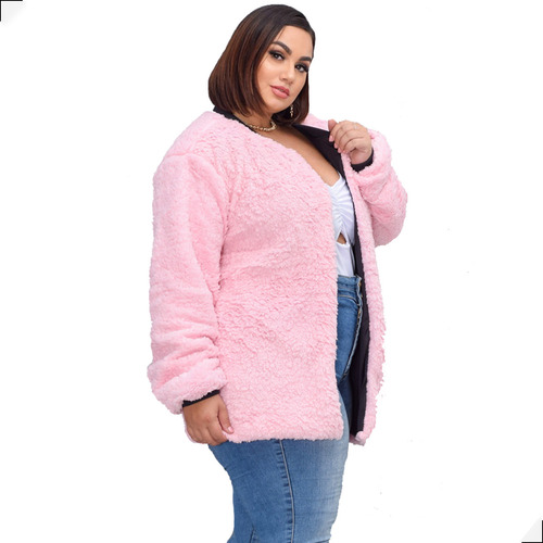 Casaco Feminino Teddy Manga Longa Blusa De Frio Rosa Claro