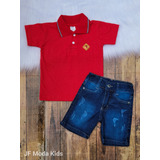 Conjunto Masculino Infantil Camisa Polo Bermuda Jeans Lycra