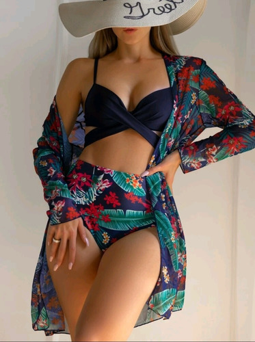 Traje De Baño 3  Piezas Bikini Tiro Alto Mas Kimono T008