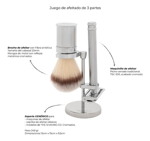 Kit Afeitado Acero The Shaving Co. Rastrillo + Brocha + Base