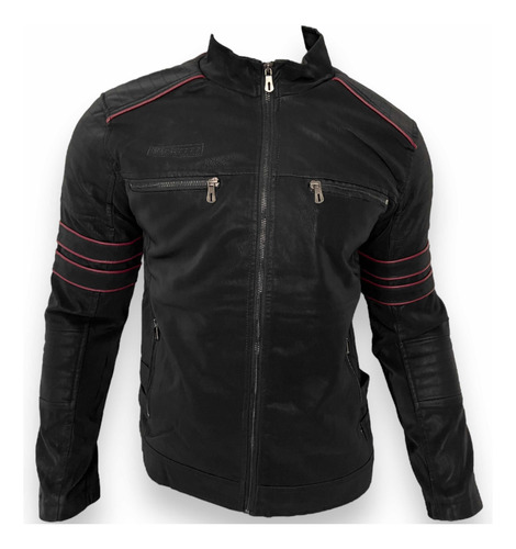 Chamarra Vini Piel Moderna Estilo Biker Color Negro Slim Fit