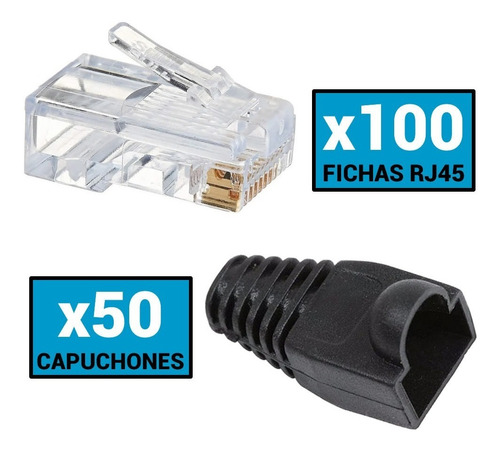 Fichas Rj45 X100 + Capuchones X50 Conectores Cable Red Utp