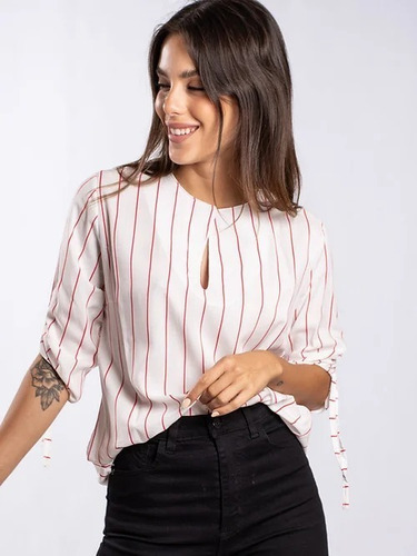 Blusa Mujer Camisola Fibrana Detalle De Tiras En Las Mangas 