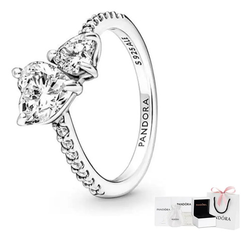 Pandora Anillo Doble Corazón Brillante Plata + Caja Regalo