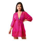 Saída De Praia Curto Kimono Vestido Chemisa Luxo Verão Moda