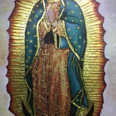 Cuadro Pintado A Mano Oleo Virgen Guadalupe Canva Hoja Oro Beige Color.hecho A Mano Al Óleo Sin Marco Con Bastidor (no Es Impresión)