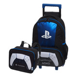 Combo Mochila Carrito Escolar + Lunchera Playstation Oficial