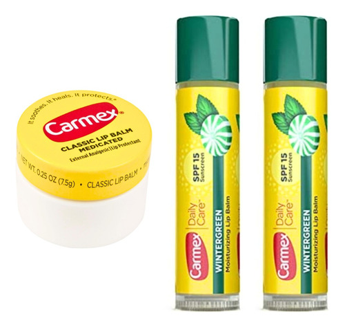 Mix De 3 Carmex Bálsamo Labial: 1 Pote, 2 Stick Wintergreen