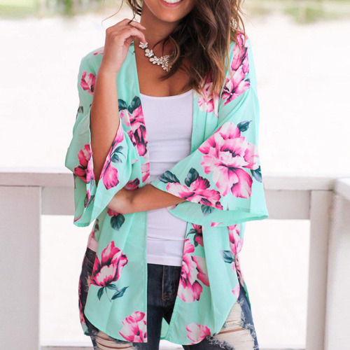 Mujer Estampado De Gasa De Playa Kimono Largo Chaqueta Blusa