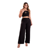 Calça Pantalona + Cropped Conjunto Feminino Preto