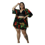 Conjunto Kimono E Shorts (2 Peças) Plus Size Feminino Verão 