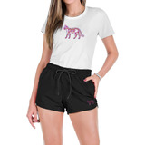 Conjunto Feminino Camiseta Algodão E Short Tactel Estampas