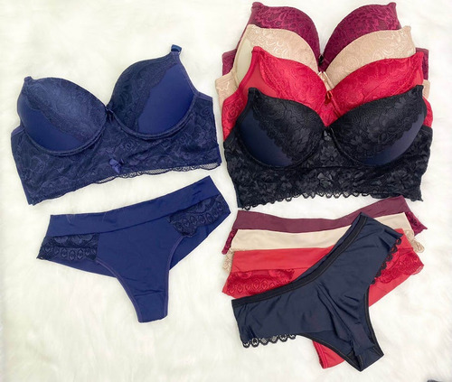 Conjunto Lingerie Com Renda Premium Sutiã Calcinha Com Bojo