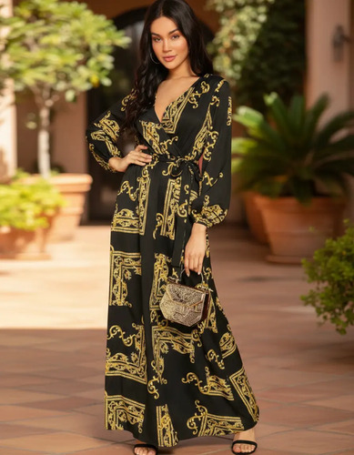 Maxi Vestido Cruzado Largo Manga Larga Estampado Moda Cadena