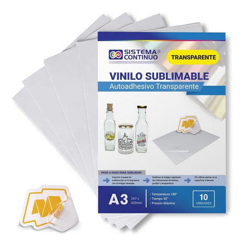 Vinilo Transparente Sublimable Autoadhesivo A3 Pack X10 U.