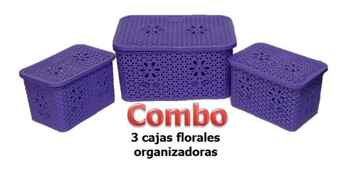 Set X3 Caja Floral Plástica Organizadora Tocador Escritorio