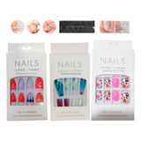 Kit Tips Uñas Postizas Con Diseños X3  Con Adhesivo Manicura