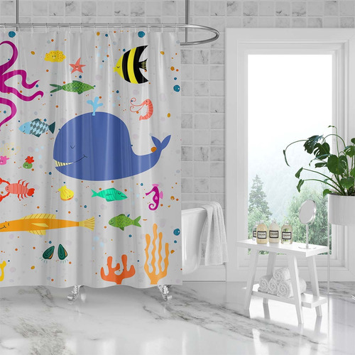 Cortina Para Baño Impermeable Tela 180x180cm Con 12 Ganch