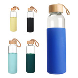 Botella De Vidrio Para Agua Bebidas Tapa De Bambu Silicona Color Azul
