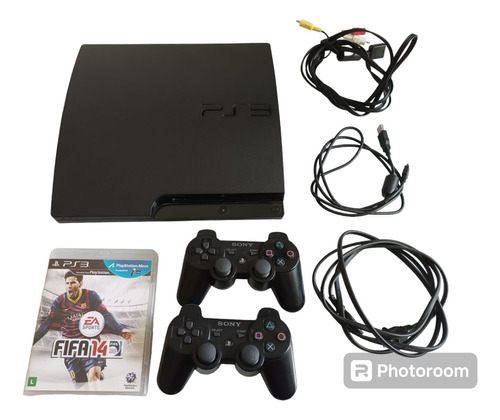 Console Sony Ps3 Playstation 3 Slim Original [versão Cech-30] 120 Gb + 2 Controles Sem Fio + 1 Jogo Fifa 14