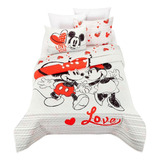 Disney Mickey Love Edredón Colcha Matrimonial De Microfibra Color Blanco