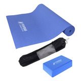 Kit Set Yoga Mat 4 Mm + Taco Pvc + Bolso Porta Mat Color Azul