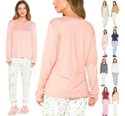 Pijama Longo Calça Feminino Manga Longa Frio Nao Desbota Top