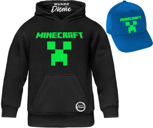 Poleron De Niño Con Capucha Minecraft Clasico + Jockey Azul