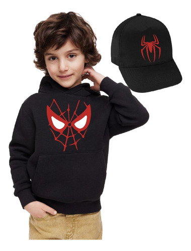 Poleron De Niño Con Capucha Spiderman Rostro + Jockey
