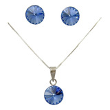 Conjunto Collar Aros Punto Luz Swarovski Azul Plata 925