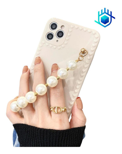 Funda Perlas Cadena Para iPhone + Mica Premium Dama Mujer 3d