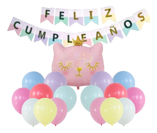 Set Gatita Corona, Globos Pastel Y Banderin Feliz Cumpleaños