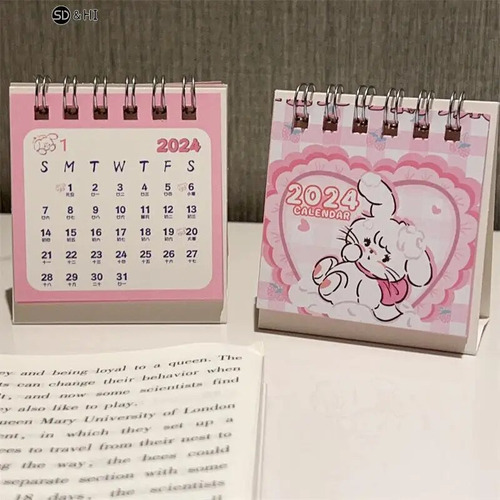 Calendario De Escritorio Con Dibujo De Gato Rosa, 2024,