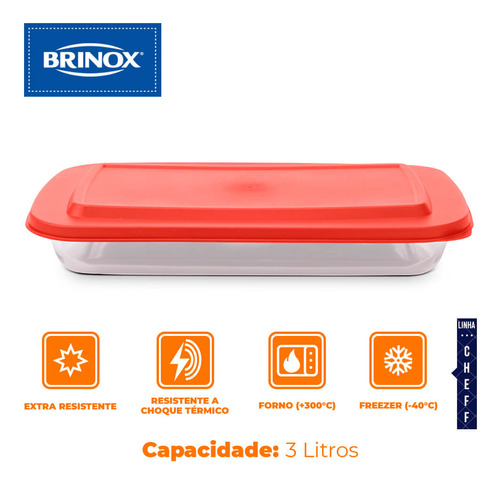 Marinex Retangular Com Tampa 3l Refratário De Vidro Brinox