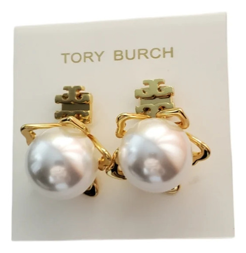 Aretes Tory Burch Logo Dorado Con Perla Grande Colgante