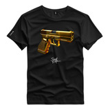 Camiseta Algodão Estampada Pistola Gold Gun Shap Life