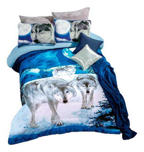 Cobertor Matri/indi Borrega Lobos Azul-blanco Concord