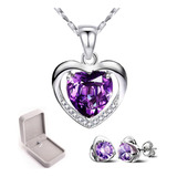 Collar Dije Corazón 925plata Cristal Mujer Arete Caja Kit