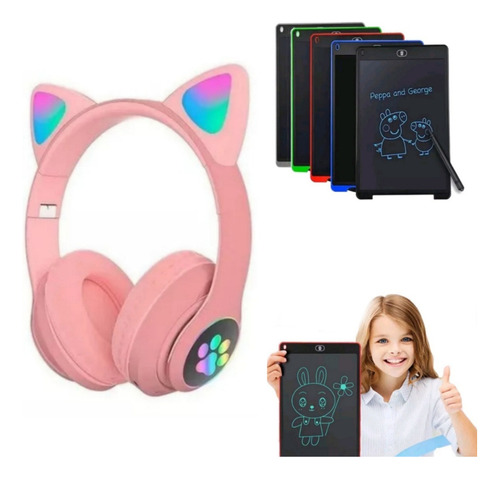 Fone De Gatinho Rosa Criança Led Bluetooth Game Lousa Mágica