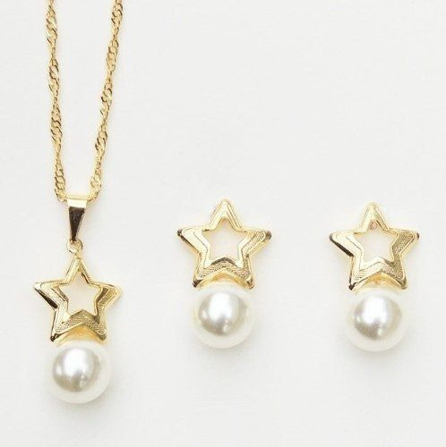 Conjunto Colar E Brinco Estrela Pérola Folheado Ouro 18k