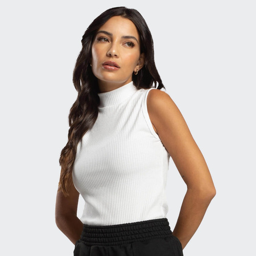 Blusa Regata Cacharrel Gola Alta Canelada Básica Feminina