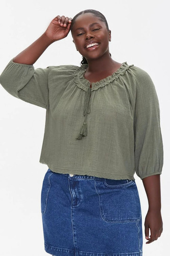 Blusa Forever 21 Textured Peasant Top Olive Plus Size