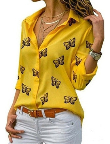 Camisa De Mujer Con Solapas Sueltas Y Estampado De Mariposas