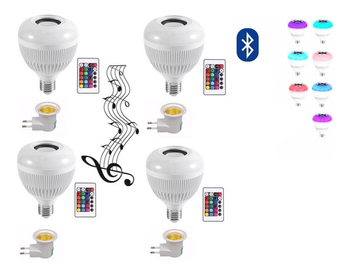 4 Lâmpada Musica Som Bluetooth Led Rgb Controle Bocal Tomada