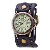 Reloj Vintage Circular Con Brazalete En Cuero Unisex 