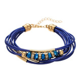 Manilla Pulsera Brazalete Cuerda De Cuero Cuentas Azul Mujer