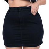 Saia Jeans Plus Size Preta Com Lycra Lisa Barra Feita