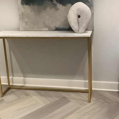 Mesa De Sala Auxiliar | Credenza | Recibidor | Bufetera Color Dorado_mármol Blanco