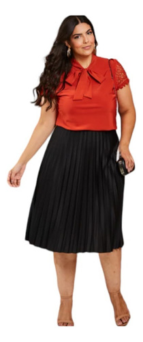 Saia Plissada Rodada Midi Tendencia Plus Size Com Elastico