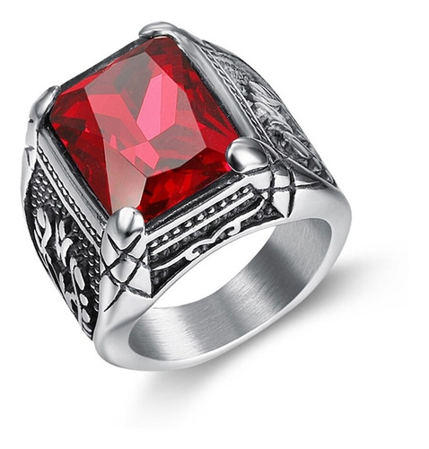 Anillo Color Plata Piedra Roja Acero Inoxidable Para Hombre